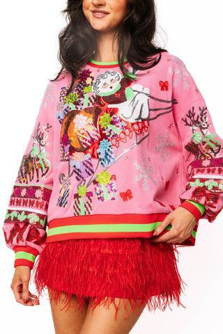 QOS Hot Pink Vintage Mrs. Claus Sleigh Sweatshirt