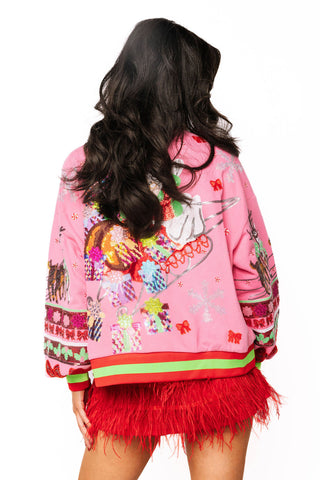 QOS Hot Pink Vintage Mrs. Claus Sleigh Sweatshirt