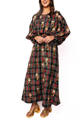 QOS Navy Plaid Nutcracker & Bow Cotton Midi Skirt