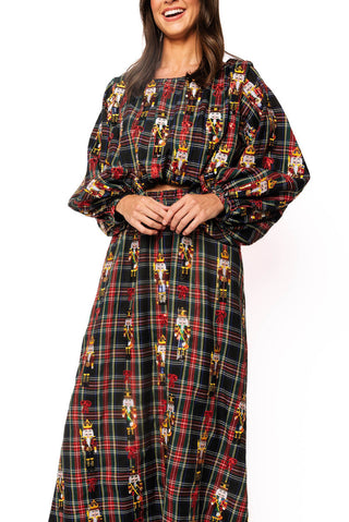 QOS Navy Plaid Nutcracker & Bow Cotton Bubble Long Sleeve Top
