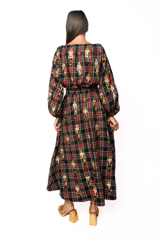 QOS Navy Plaid Nutcracker & Bow Cotton Midi Skirt