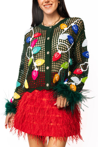 QOS Dark Green Crochet Multi Christmas Light Feather Sleeve Top