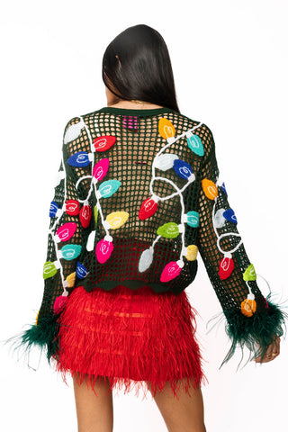 QOS Dark Green Crochet Multi Christmas Light Feather Sleeve Top