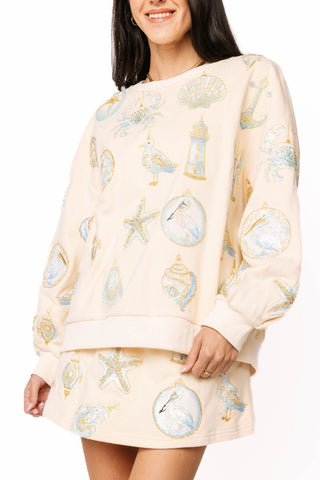 QOS Ivory & Mint Coastal Sea Shell Ornament Sweatshirt