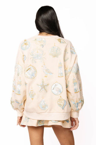 QOS Ivory & Mint Coastal Sea Shell Ornament Sweatshirt