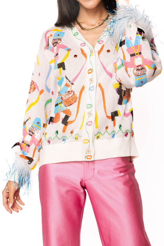 QOS Multi Drumming Nutcracker Button Up Feather Sleeve Cardigan
