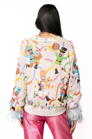 QOS Multi Drumming Nutcracker Button Up Feather Sleeve Cardigan