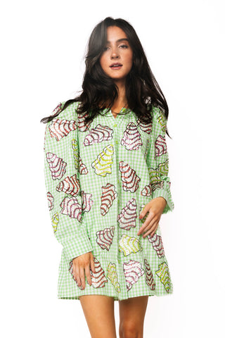 QOS Green Gingham Christmas Tree Cookies Cotton Dress
