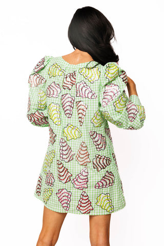 QOS Green Gingham Christmas Tree Cookies Cotton Dress