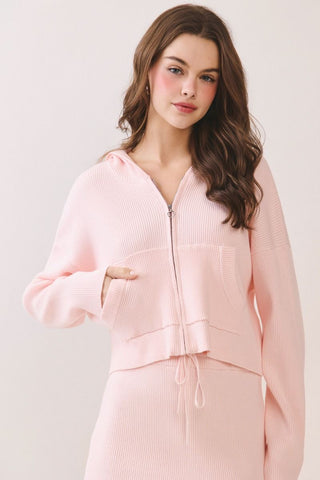 Lydia Ribbed Knit Cropped Hoodie • Pink
