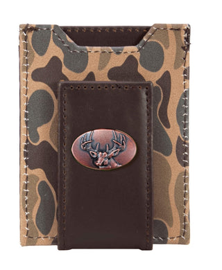 Buck Men's Magnetic Front Pocket Old School Leather Wallet • Brown Tan Camo