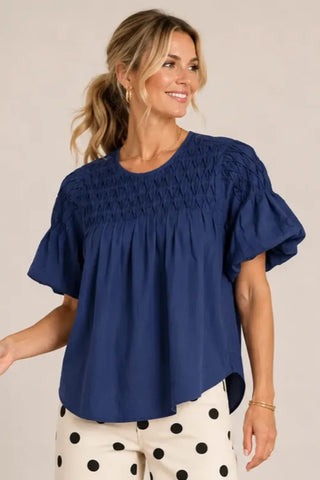 Penny Puff Sleeve Smocked Yoke Blouse • Blue