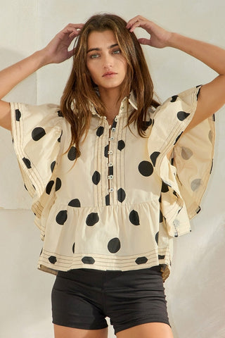 Ruffle Sleeves Pintuck Polka Dot Top • Cream + Black