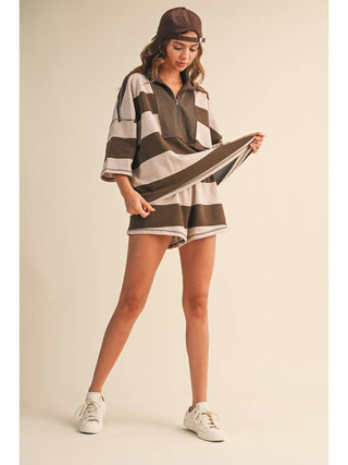 Stripe Me Away Oversized Top and Shorts Set • Brown