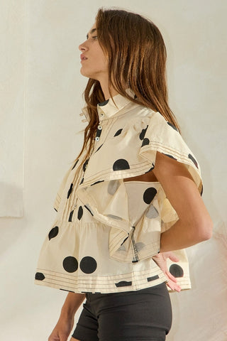 Ruffle Sleeves Pintuck Polka Dot Top • Cream + Black
