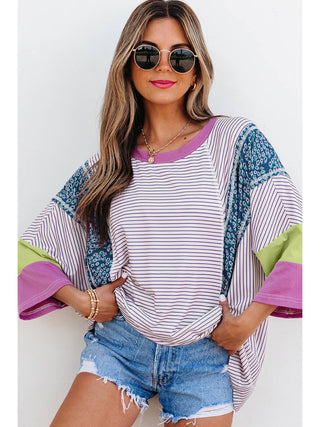 Floral Stripe Patchwork Bracelet Sleeve Top • Multi