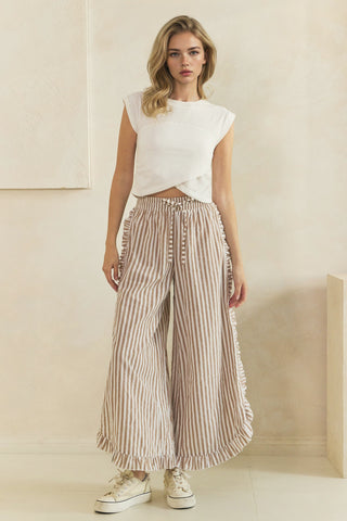Breezy Stripe Linen Ruffle Pants • Mocha Ivory