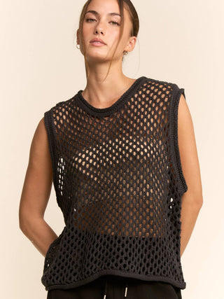 Bryce Fishnet Crew Neck Sweater Vest • Black