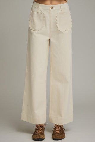 Estella Wide Leg Scallop Accent Pants • Ecru