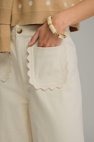 Estella Wide Leg Scallop Accent Pants • Ecru