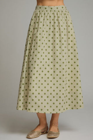 Autumn Olive Gingham Polka Dot Midi Skirt