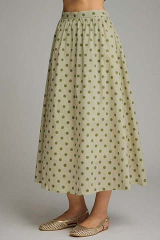 Autumn Olive Gingham Polka Dot Midi Skirt