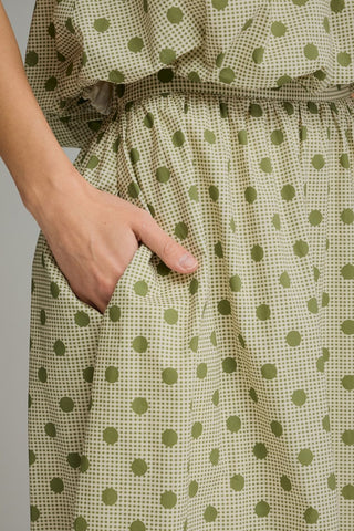 Autumn Olive Gingham Polka Dot Midi Skirt