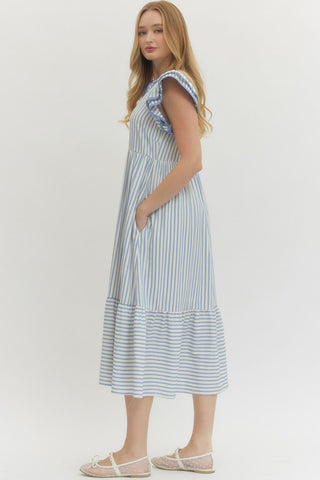 Seraphina Tiered Ruffle Sleeve Striped Dress • Light Blue