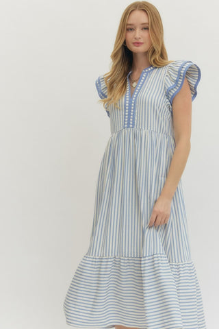 Seraphina Tiered Ruffle Sleeve Striped Dress • Light Blue