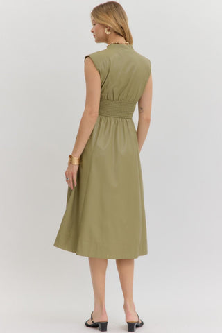 Eve Sleeveless Faux Leather Midi Dress • Olive