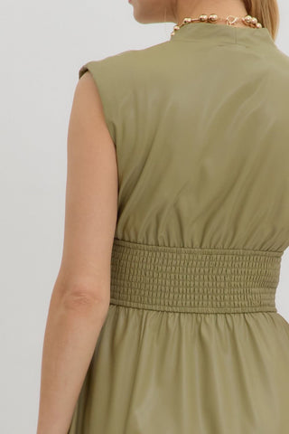 Eve Sleeveless Faux Leather Midi Dress • Olive
