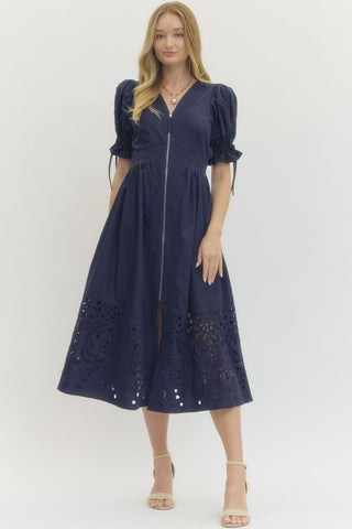 Joan Embroidered Hem Midi Dress • Navy