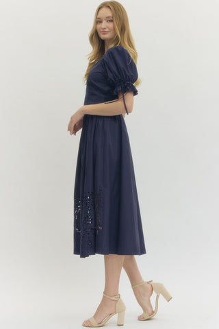 Joan Embroidered Hem Midi Dress • Navy