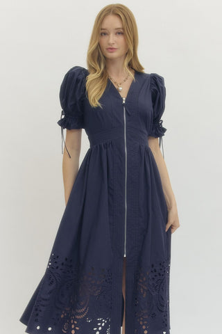 Joan Embroidered Hem Midi Dress • Navy