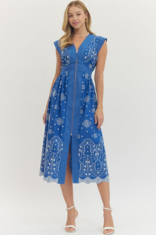 Astra Embroidered Sleeve Dress • Blue