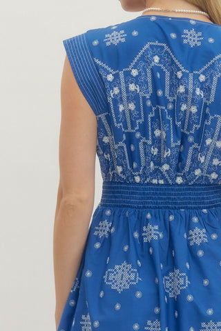 Astra Embroidered Sleeve Dress • Blue