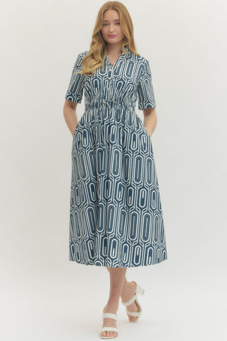 Nakia Geometric Smocked Midi Dress • Navy