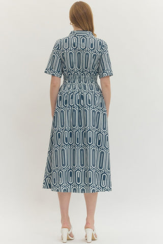 Nakia Geometric Smocked Midi Dress • Navy