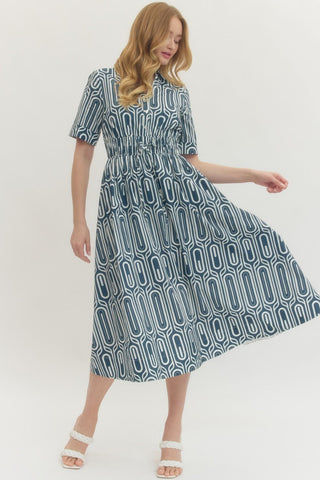 Nakia Geometric Smocked Midi Dress • Navy