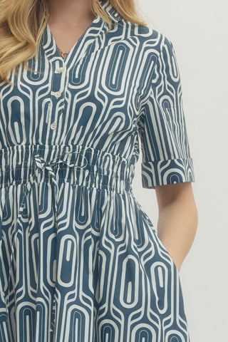 Nakia Geometric Smocked Midi Dress • Navy