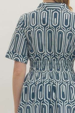 Nakia Geometric Smocked Midi Dress • Navy