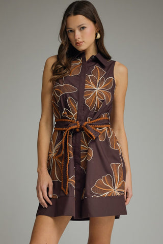 Effie Floral Embroidered Mini Dress • Brown