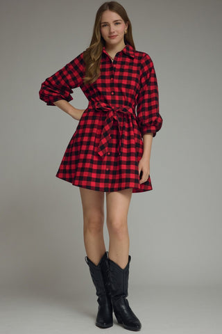 Elaine Plaid Puff Sleeve Mini Dress • Red