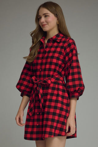 Elaine Plaid Puff Sleeve Mini Dress • Red