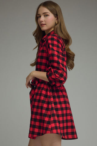 Elaine Plaid Puff Sleeve Mini Dress • Red