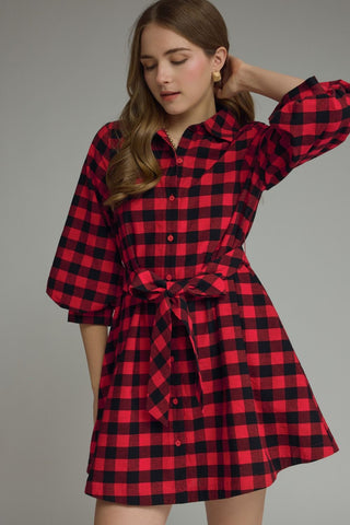 Elaine Plaid Puff Sleeve Mini Dress • Red