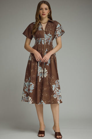 Etta Floral Smocked Waist Midi Dress • Chocolate