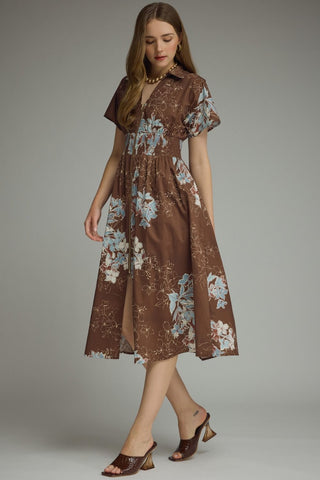 Etta Floral Smocked Waist Midi Dress • Chocolate