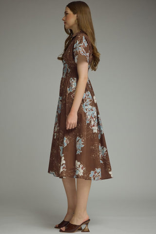 Etta Floral Smocked Waist Midi Dress • Chocolate