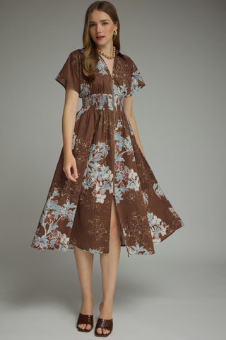 Etta Floral Smocked Waist Midi Dress • Chocolate